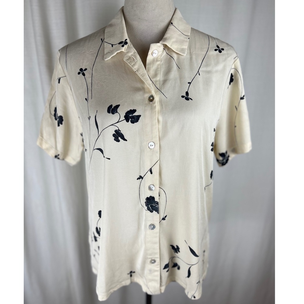 Vintage Amanda Gray Women's Floral Print Button Front Cream & Black Blouse Sz M